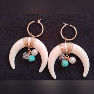 Boho Crescent Horn Earrings Gold Hoop Turquoise Bead Western Statement Drop